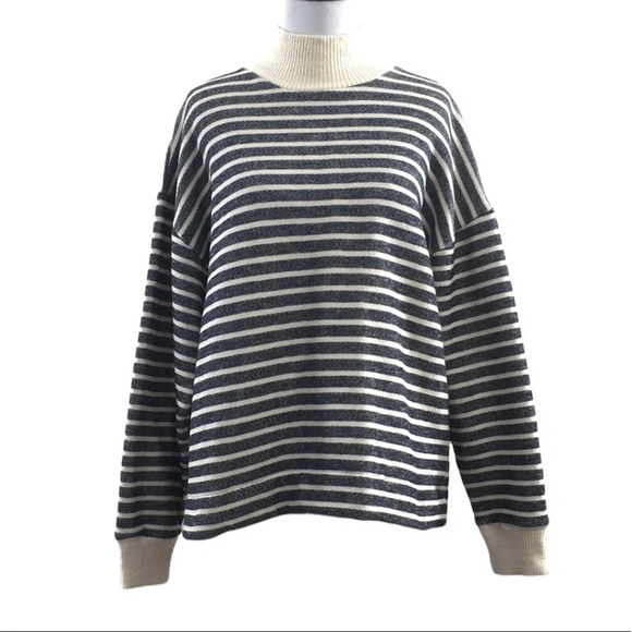 Zara Black White Stripe‎ Knit Turtleneck Sweater Womens Large Pullover Cropped - Picture 1 of 9